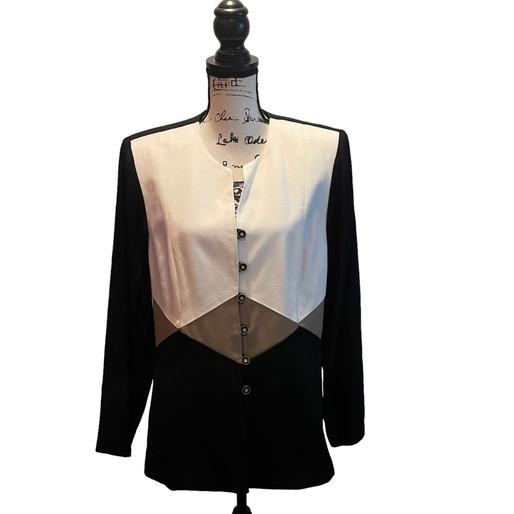 John Roberts Vintage Suit Blazer Jacket Black Off White Size 14 Color Block NWT